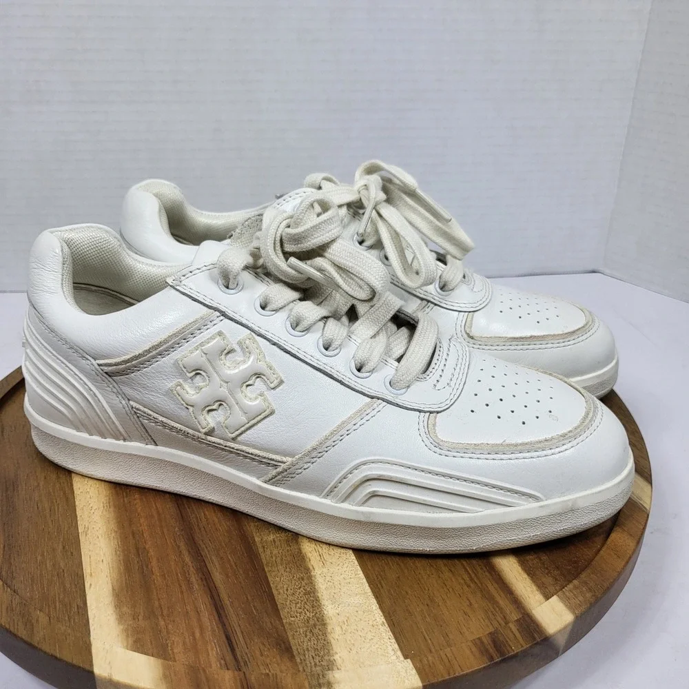 Tory Burch Sneakers Womens 5.5 White Excellent Leather Low Top Logo 152959